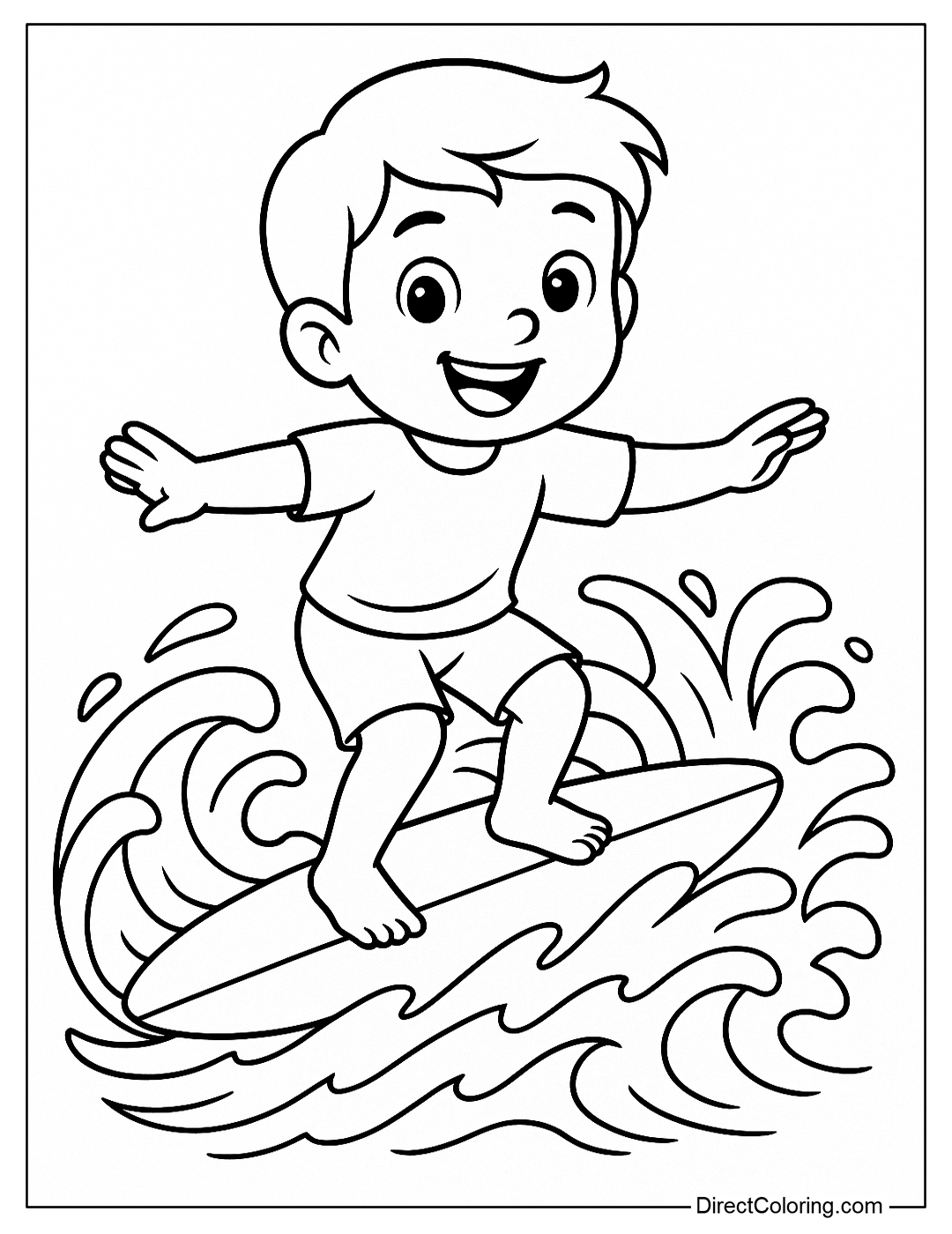 a beach coloring page with a little friend surfing on a board, happy face, waves around him.